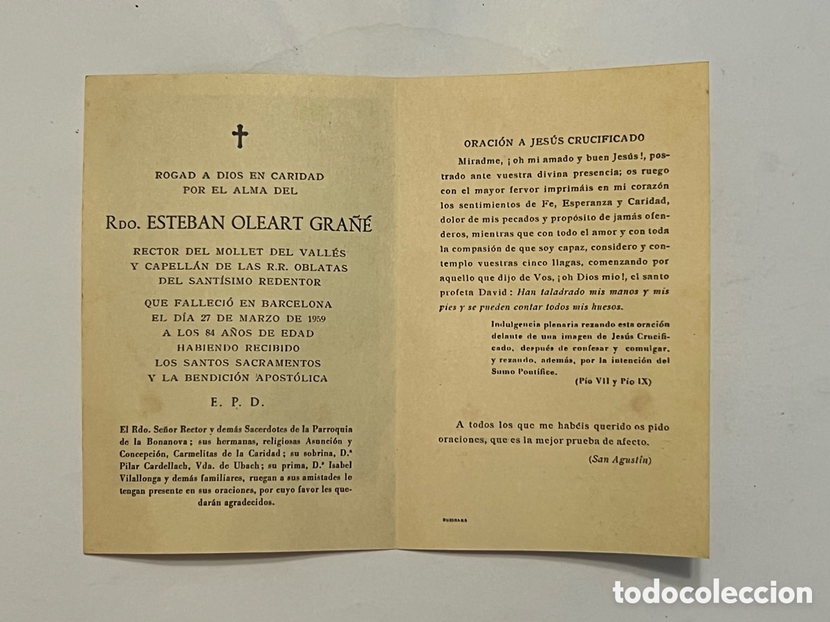 Postales: ESQUELA.. RDO. ESTEBAN OLEART GRA&Ntilde;E RECTOR DEL MOLLET DEL VALLES Y CAPELLAN&hellip;