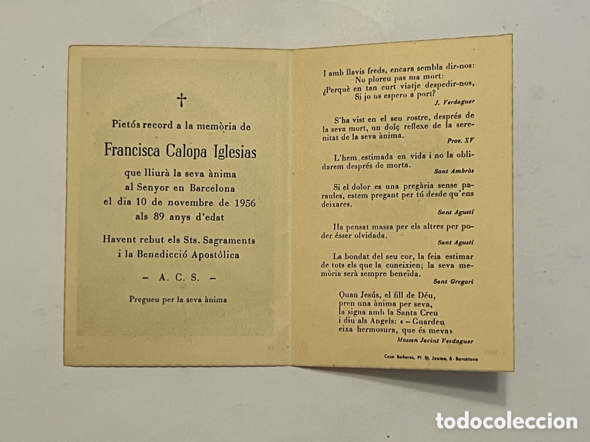 Postales: ESQUELA RECORDATORIO.. Piet&oacute;s record a la memoria de Francisca Calopa Iglesias (a.1956) Diptico
