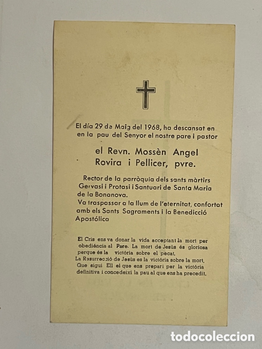 Postales: ESQUELA. Rvdo. D. Angel Rovira Pellicer, pbro Cura-P&aacute;rraco Santa Mar&iacute;a de la Bonanova (a.1968)