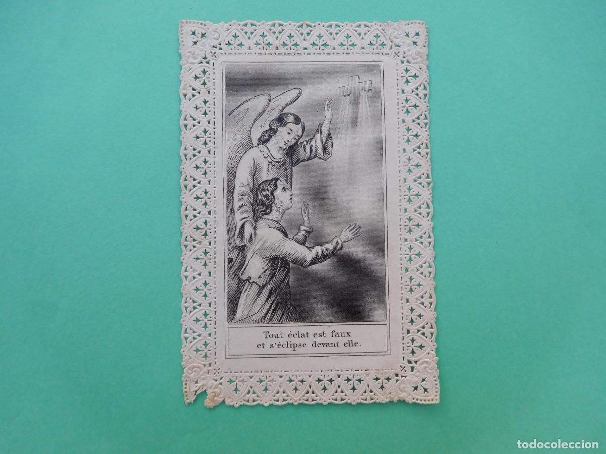 Postales: Estampa antigua de puntilla calada. &Aacute;ngel con ni&ntilde;o