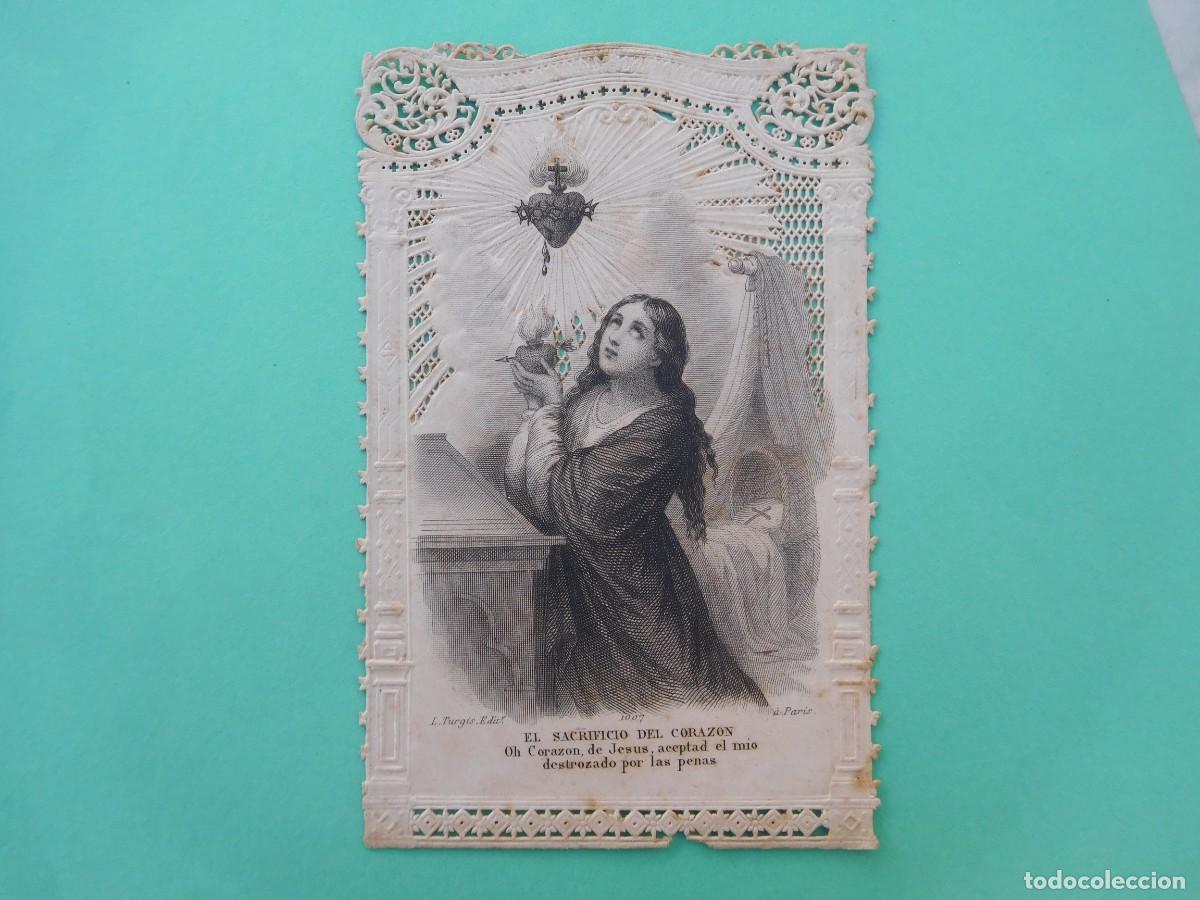 Postales: Estampa antigua de puntilla calada. El sacrificio del coraz&oacute;n