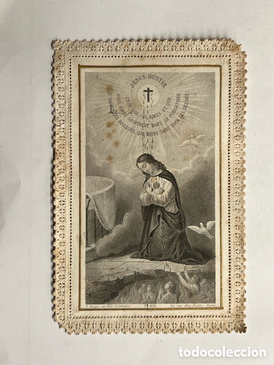 Postales: ESTAMPA ANTIGUA.. Almas del Purgatorio arrodillaros al Sagrado Coraz&oacute;n. Paris (fin Siglo XIX)