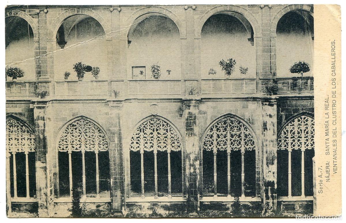 Postales: N&aacute;jera. Santa Mar&iacute;a la Real. Ventanales del claustro de los caballeros, censura militar de Logro&ntilde;o