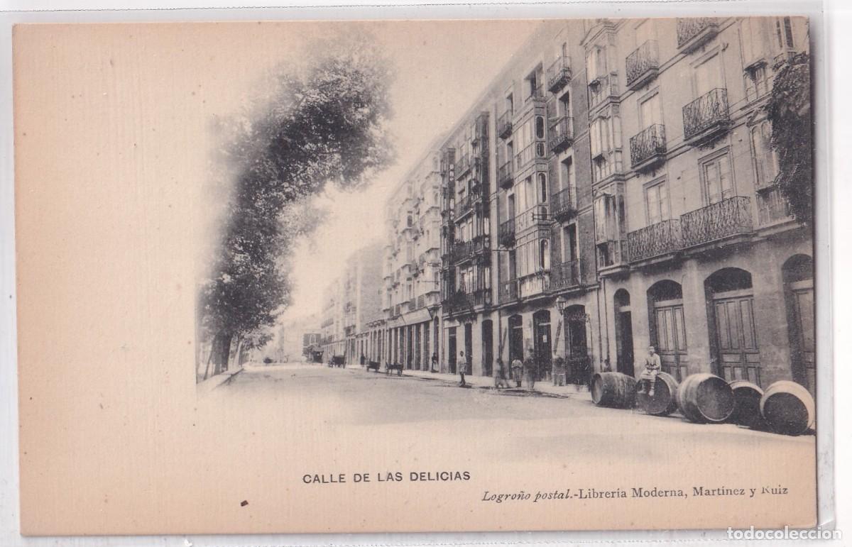 Postales: Calle de las Delicias. Logro&ntilde;o postal. Librer&iacute;a moderna, Martinez y Ruiz. Reverso sin dividir.