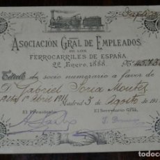 Postales: TITULO DE SOCIO DE LA ASOCIACION GENERAL DE EMPLEADOS DE LOS FERROCARRILES ESPAÑOLES DE 1918, MIDE 1. Lote 208172885