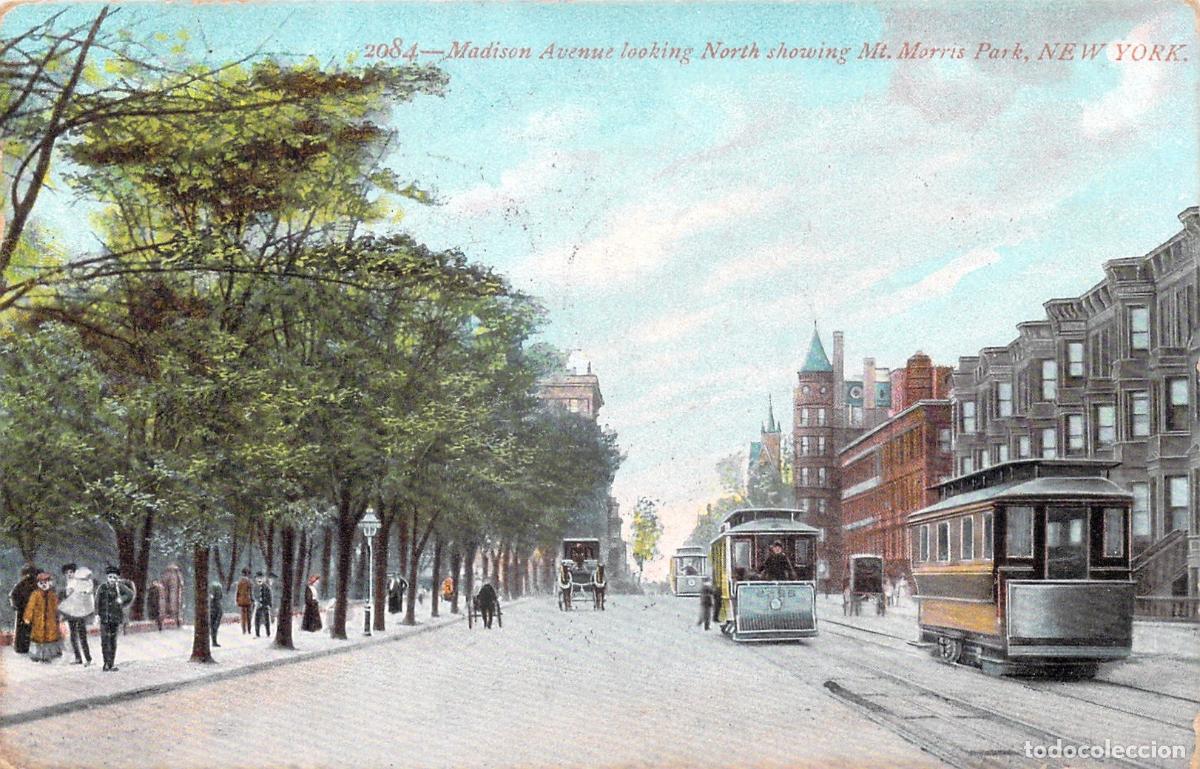 Postales: Postal Madison Avenue hacia el Norte con Mt. Morris Park, Nueva York Tranvia
