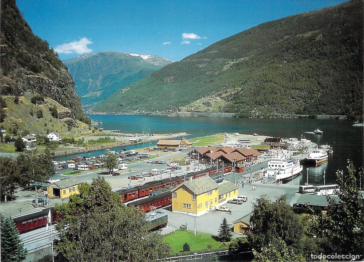 Postais: Postal de Fl&aring;m y Sognefjord en Noruega con Tren y Puerto