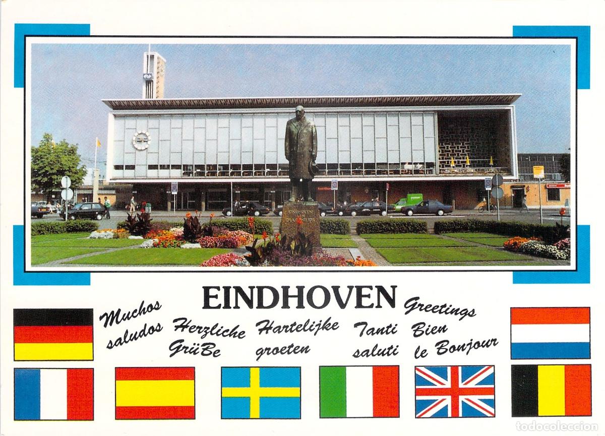 Postkarten: Postal de Eindhoven Pa&iacute;ses Bajos Estaci&oacute;n Central y Estatua de Anton Philips