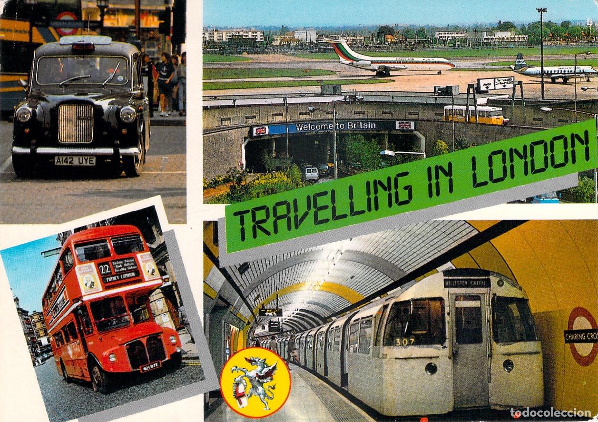 Postais: Postal de Transporte en Londres con Metro, Autob&uacute;s y Taxi