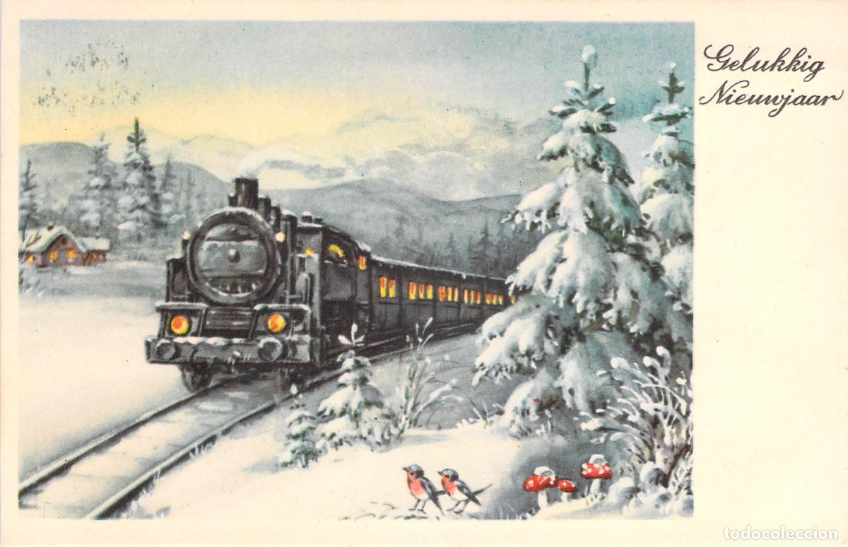 Cartes Postales: Postal de A&ntilde;o Nuevo con Tren de Vapor en Paisaje Nevado