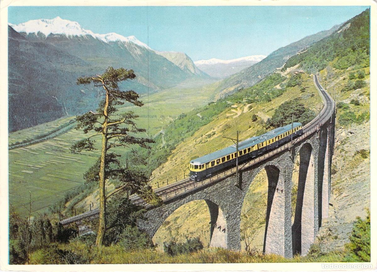 Postales: Postal Tren Flecha Azul Ferrocarril L&ouml;tschberg en Valais Suiza