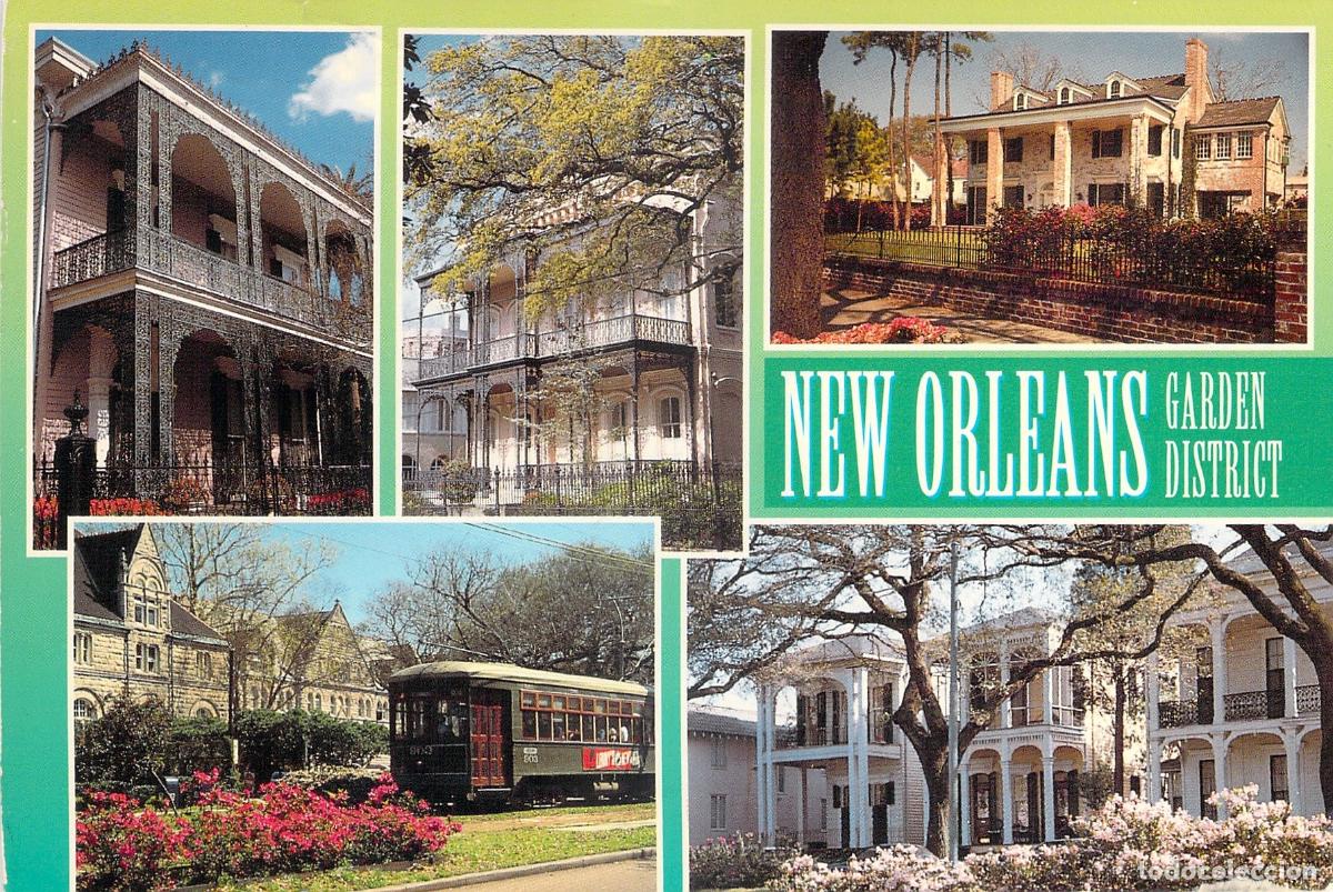 Cartoline: Postal de New Orleans Garden District Luisiana Mansiones y Tranv&iacute;a