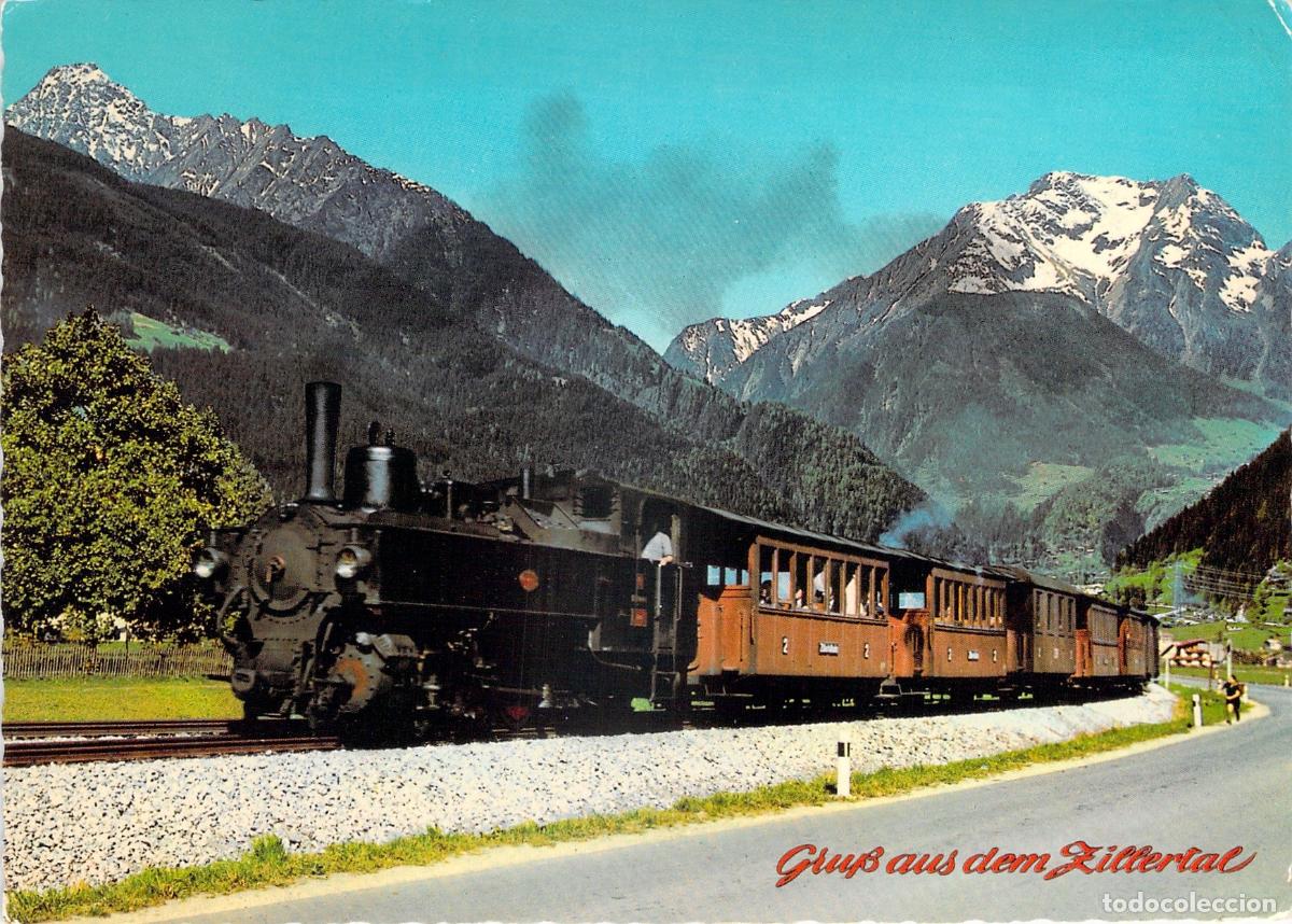 Postais: Postal del Tren Zillertalbahn con el Monte Gr&uuml;nberg en el Tirol