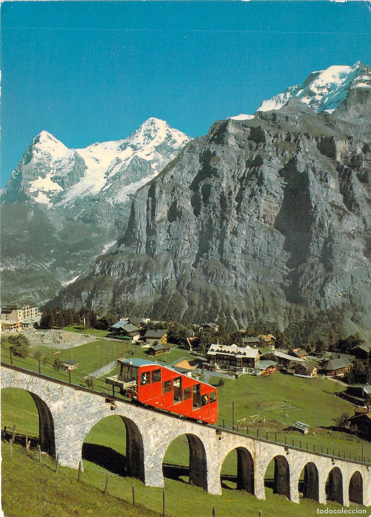Cartoline: Postal de M&uuml;rren con Funicular Allmendhubelbahn y Alpes Suizos