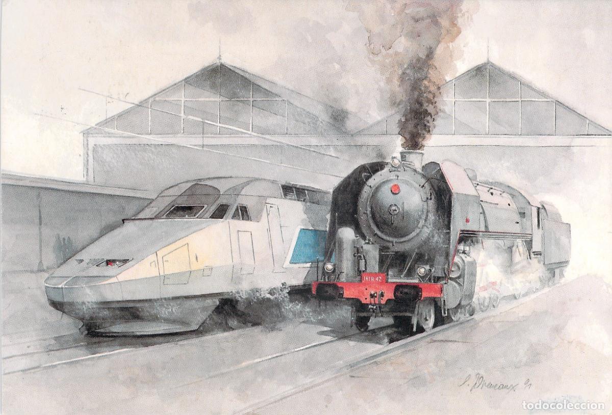 Postales: Postal de Acuarela Tren TGV A y Locomotora 141 R de L. Jovenaux