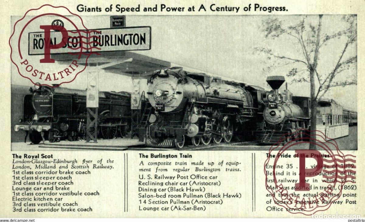 Postcards: GIANTS OF SPEED AND POWER AT A VENTURY OF PROGRESS ROYAL SCOT BURLINGTON LOCOMOTIVES USA TREN T