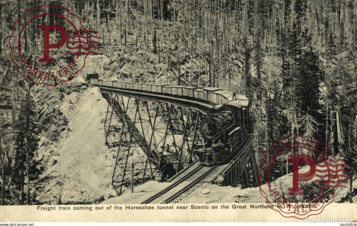 Postcards: FREIGHT TRAIN COMING OUT OF THE HORSESHOE TUNNEL NEAR SCENIC ON THE GREAT NORTHERN RAILWAY USA TRE