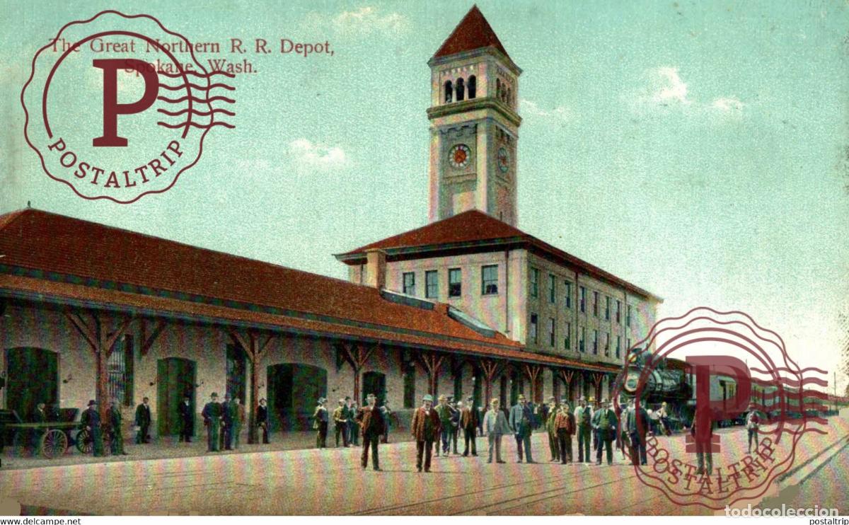 Postales: WA, Spokane, Washington, Great Northern Railroad Depot, Spokane RAILROAD USA TREN TRAIN TREIN.