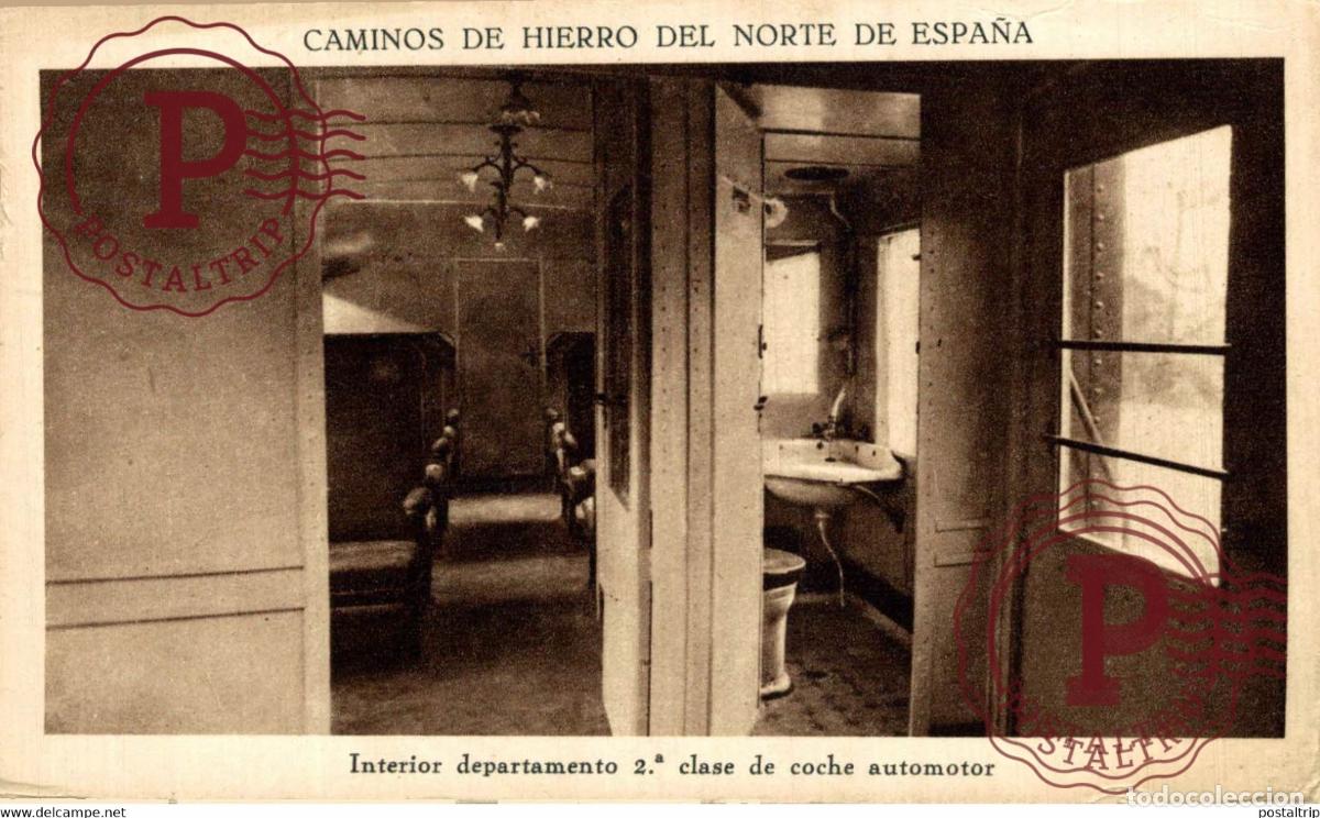 Postales: CAMINOS DE HIERRO DEL NORTE DE ESPA&Ntilde;A INTERIOR DEPARTAMENTO DE SEGUNDA CLASE DE COCHE AUTOMOTOR CH