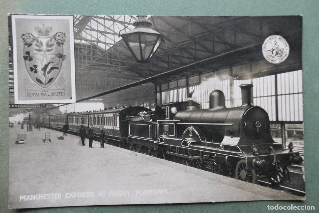 Postales: Postal el Manchester Express en la estaci&oacute;n de Rugby, Inglaterra, a principios del siglo XX.