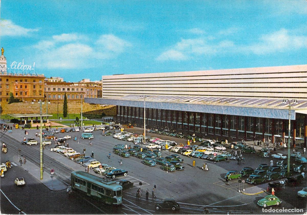 Postales: Postal de la Estaci&oacute;n Termini en Roma con Coches y Tranv&iacute;a