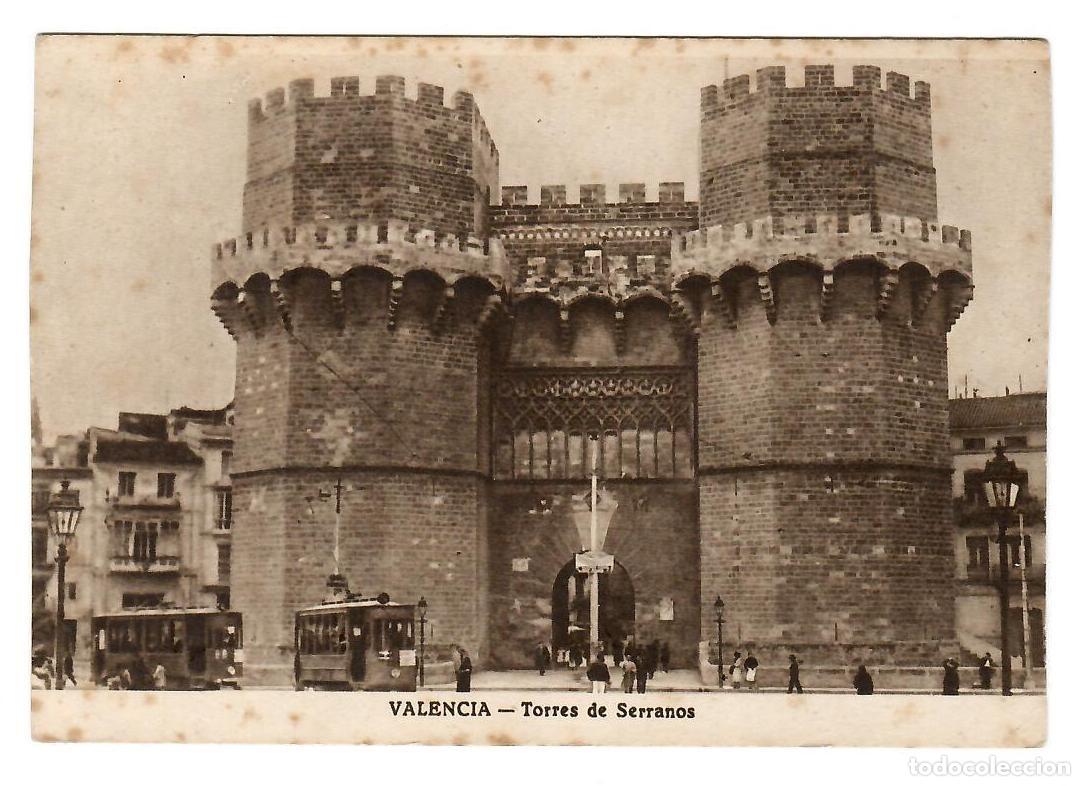 Postales: VALENCIA. Tranv&iacute;as en las Torres de Serranos (Torres de Serrans). Ed. JDP, Valencia.