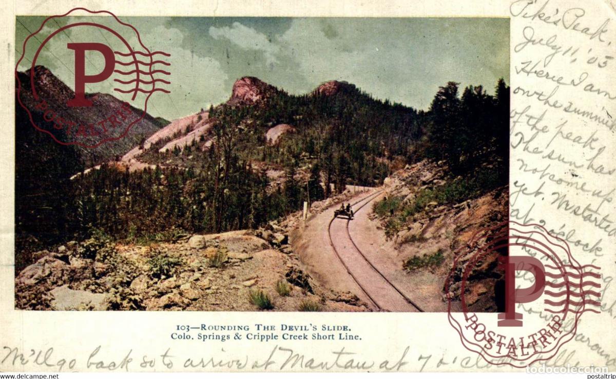 Postales: ROUNDING THE DEVIL S SLIDE COLORADO SPRING CRIPPLE CREEK SHORT LINE RAILROAD RAILWAY CHEMIN DE FER