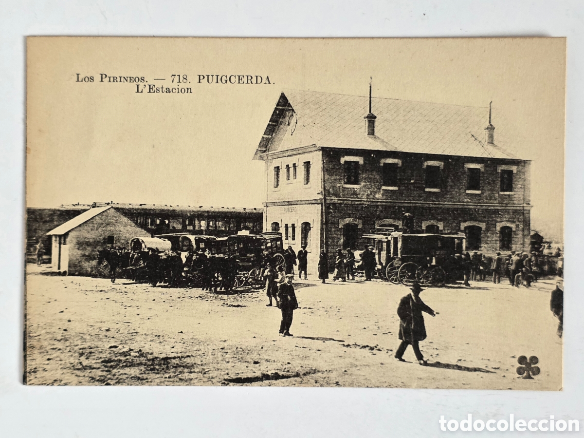 Cartoline: Antigua Postal Fotogr&aacute;fica Estaci&oacute;n Tren Puigcerd&agrave; Pirineos - Locomotora Ferrocarril - Tartanas