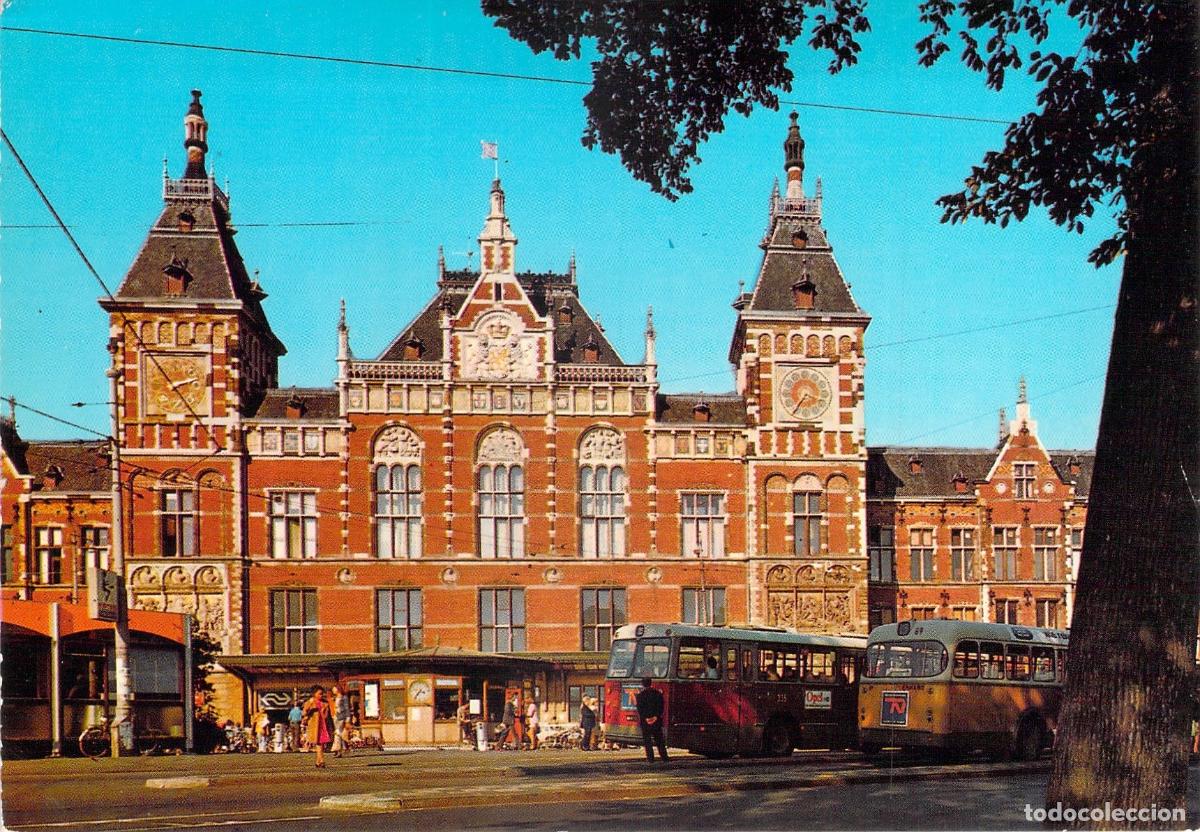 Postales: Postal de la Estaci&oacute;n Central de &Aacute;msterdam con Autobuses - Foto 1