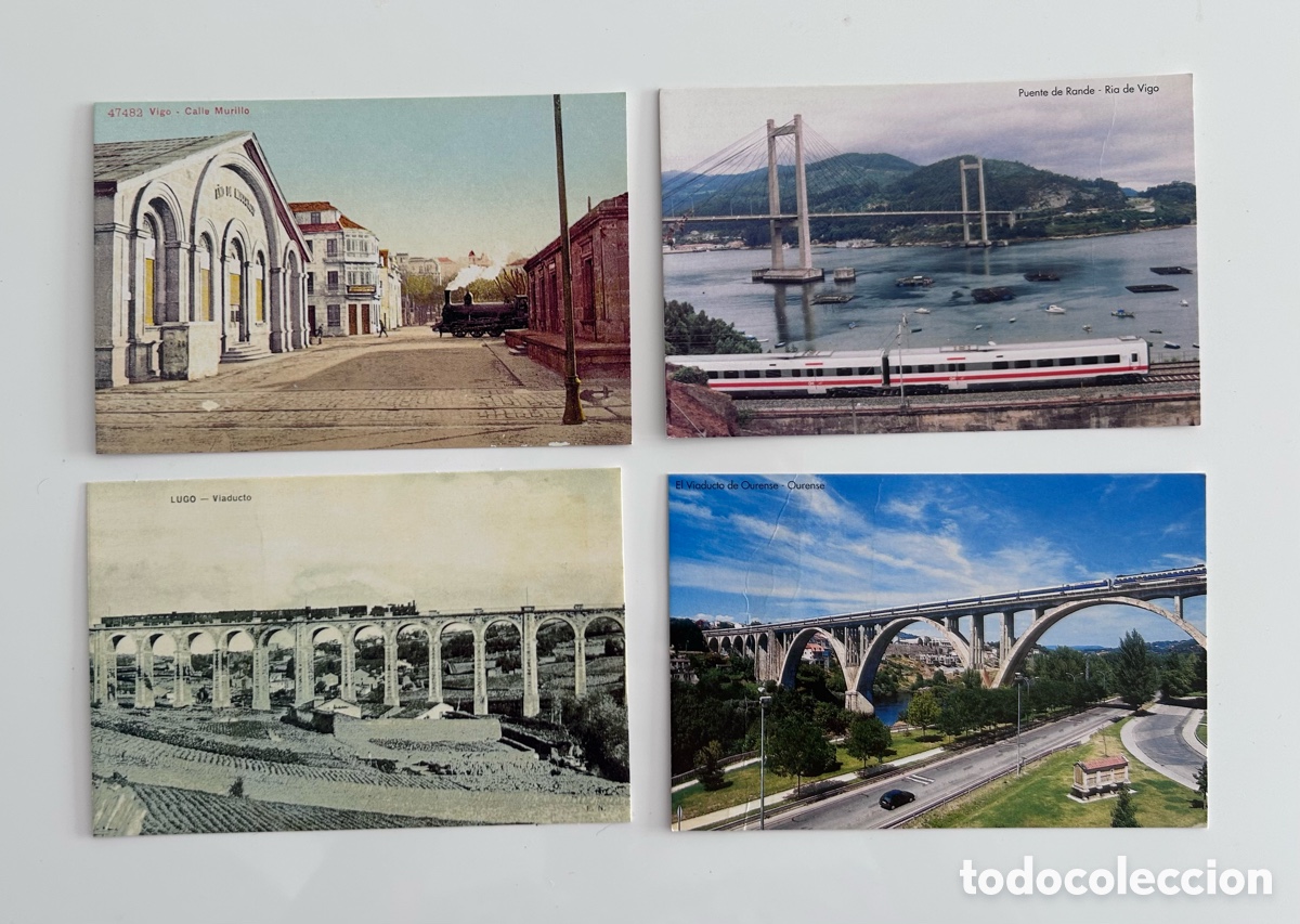 Postales: HISTORIA POSTAL GALICIA. 4 POSTALES. RESE&Ntilde;A RED FERROVIARIA GALICIA. LUGO. VIGO. OURENSE.RENFE. TREN