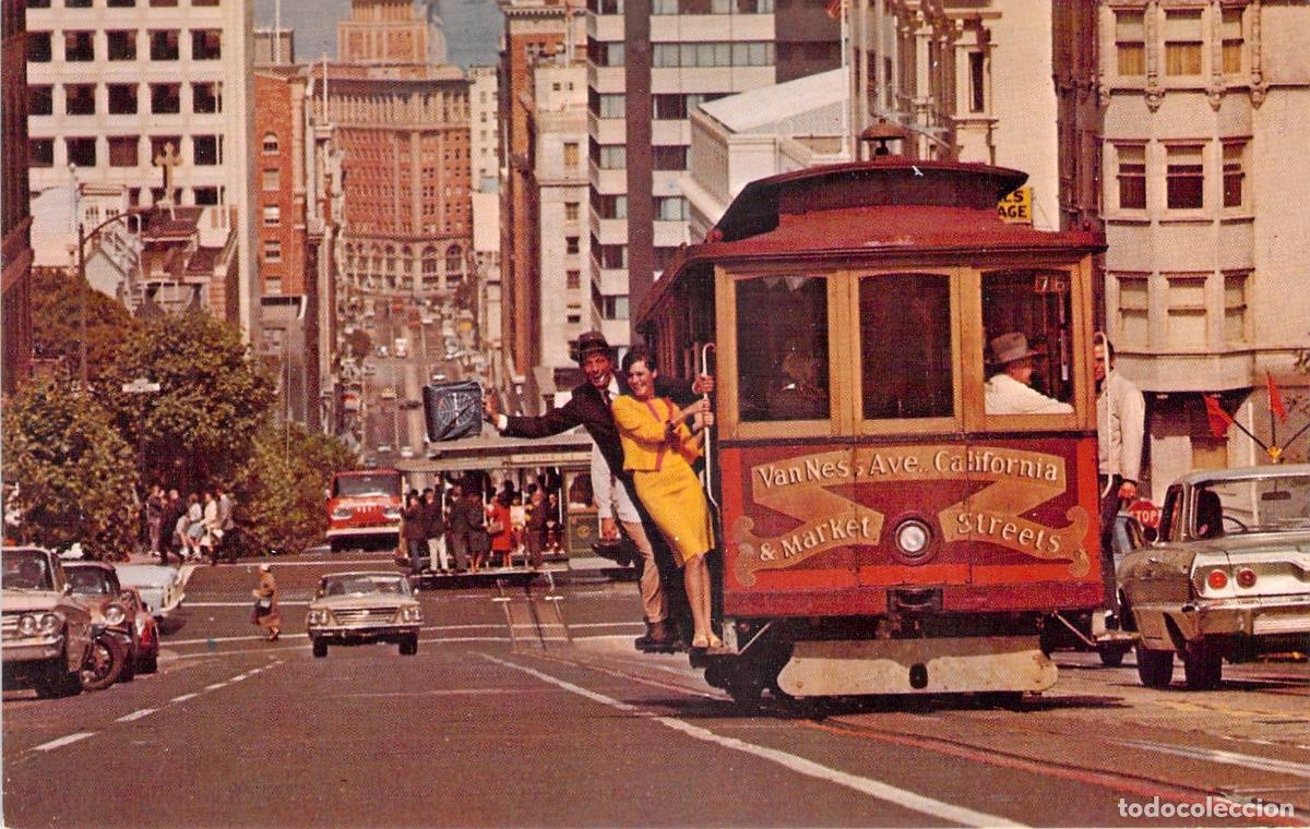 Postales: Postal de San Francisco: Tranv&iacute;a cl&aacute;sico en movimiento