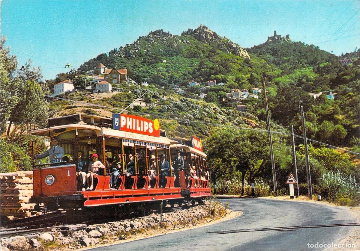 Postales: Postal de Sintra, Portugal, con tranv&iacute;a circulando por la carretera