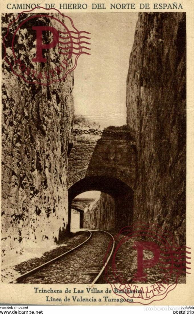 Postales: Tarragona. Trinchera de Las Villas de Benicasim. L&iacute;nea de Valencia a Tarragona. Huecograbado Mumbr&uacute;