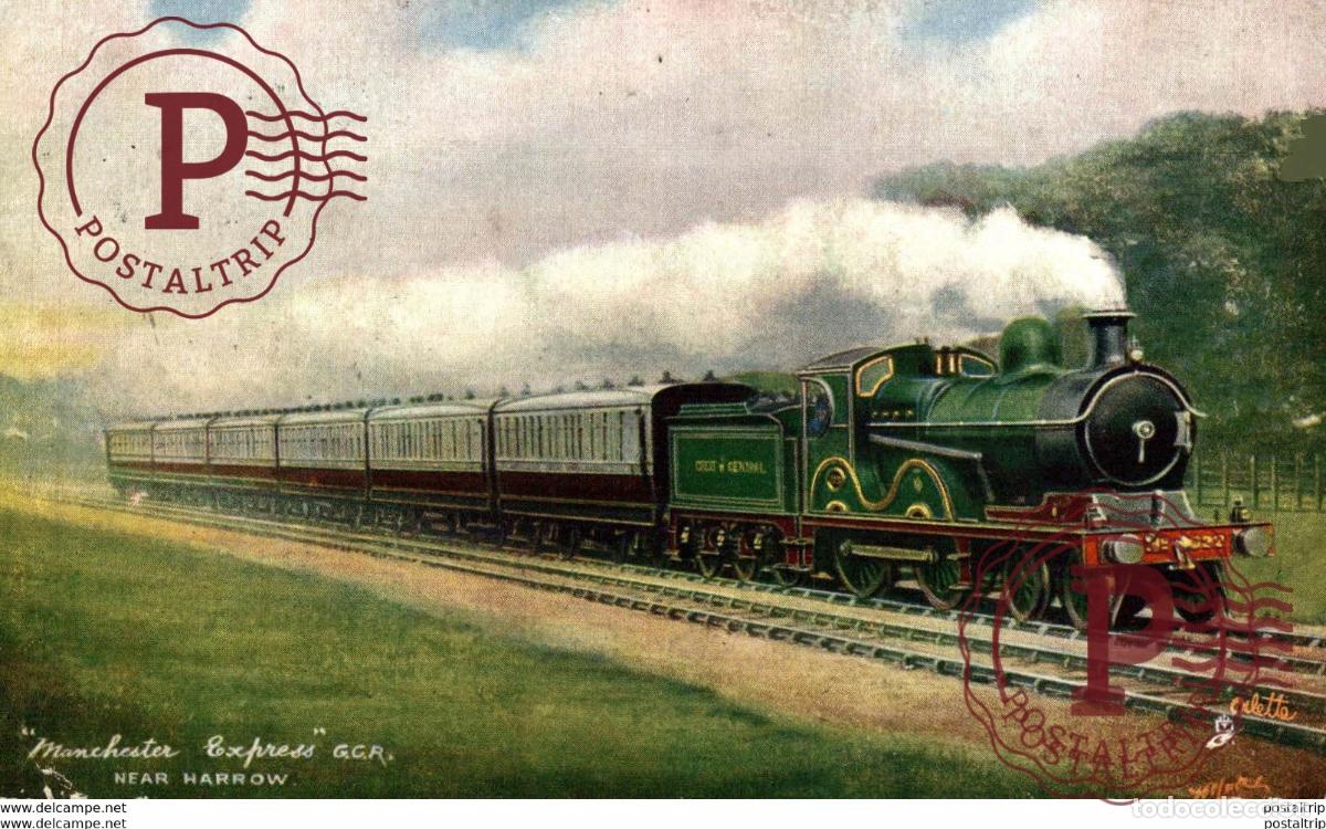 Postcards: Manchester Express, near Harrow. Train, Tren.
