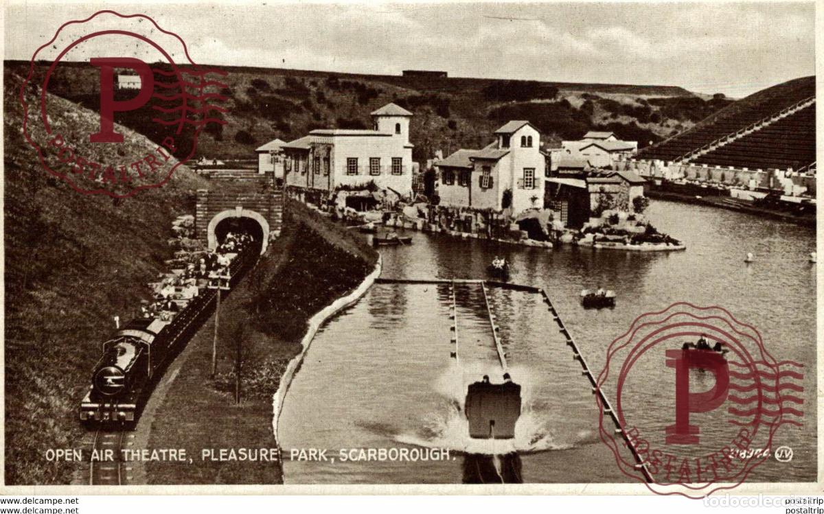 Postales: Open Air Theatre, Pleasure Park, Scarborough. Train, Tren.