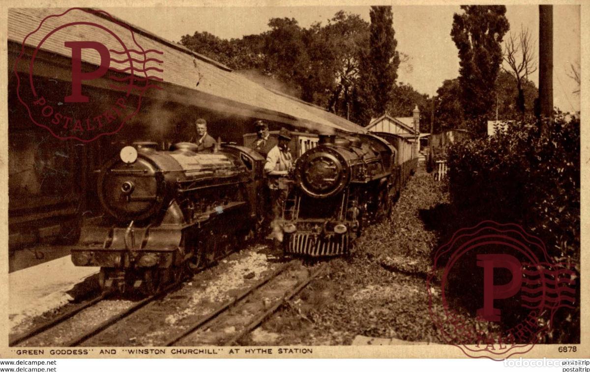 Postales: Green Goddess and Winston Churhill at Hythe Station. Train, Tren.