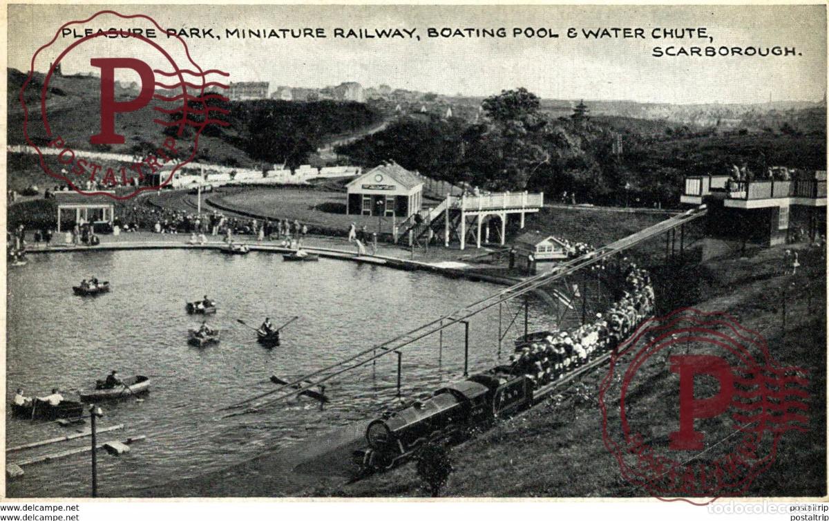 Postales: Pleasure Park, Miniature Railway, Boating Pool & Water Chute. Train, Tren.