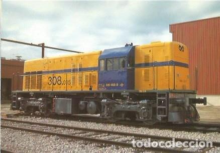 Postales: POSTAL A COLOR N&ordm; 803 LOCOMOTORA DIESEL ELECTRICA 308 035 5 DE COPASA DEPOSITO MADRID FUENCARRAL EUR