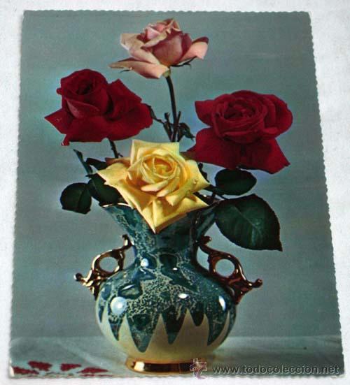 Postales: Postal jarr&oacute;n con rosas a&ntilde;os 60 - Foto 1