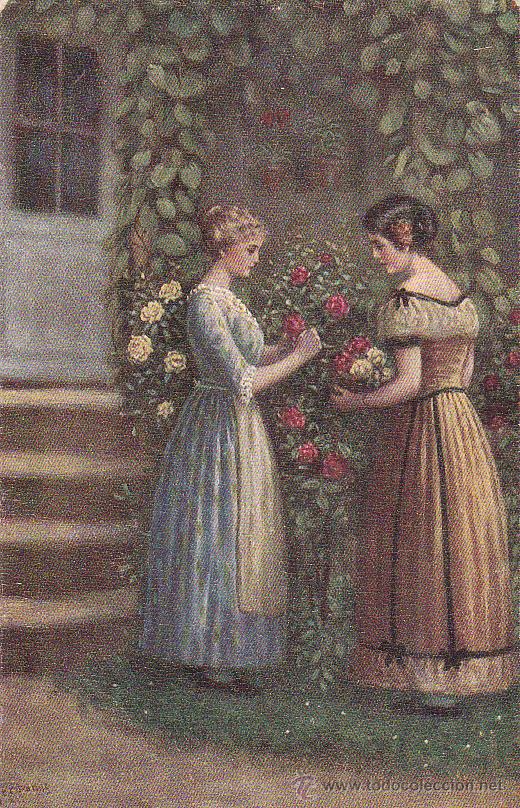 Postais: Alemania, postal antigua , jardin , flores, hermanas , mujer, moda, 11