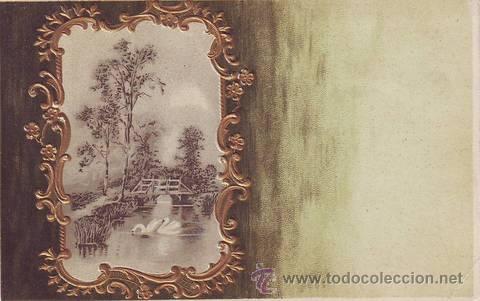 Cartoline: ESCENA DE LAGO CON CISNES, orlado en relieve.