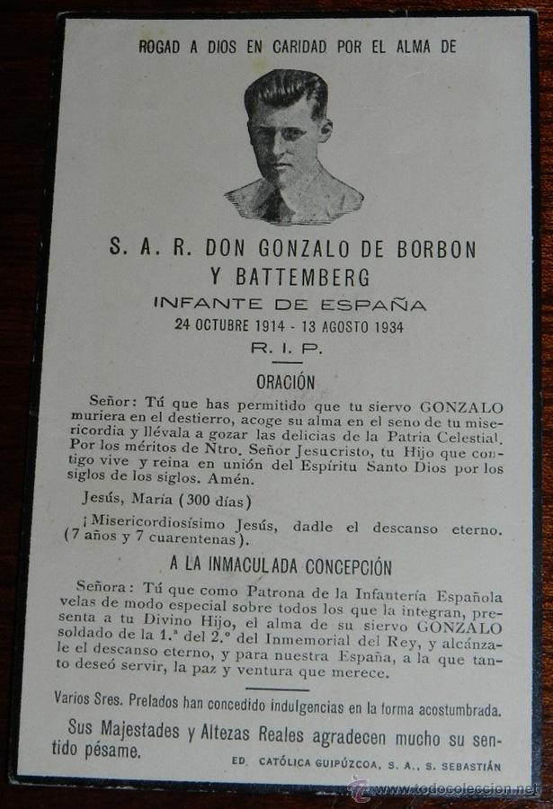 Cartes Postales: ANTIGUO RECORDATORIO DEL FALLECIMIENTO DE S.A.R. DON GONZALO DE BORBON Y BATTENBERG INFANTE DE ESPA&Ntilde;
