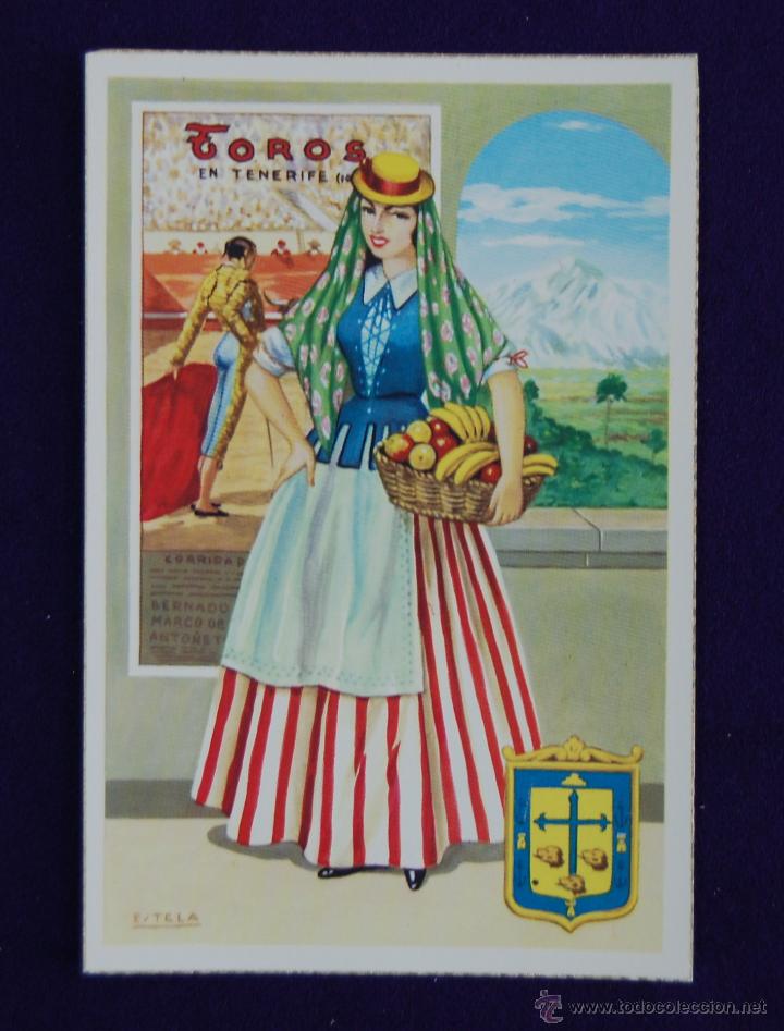 Cartes Postales: POSTAL DE TENERIFE ILUSTRADA POR ESTELA CON EL TRAJE T&Iacute;PICO REGIONAL, MONUMENTO Y CARTEL DE TOROS.