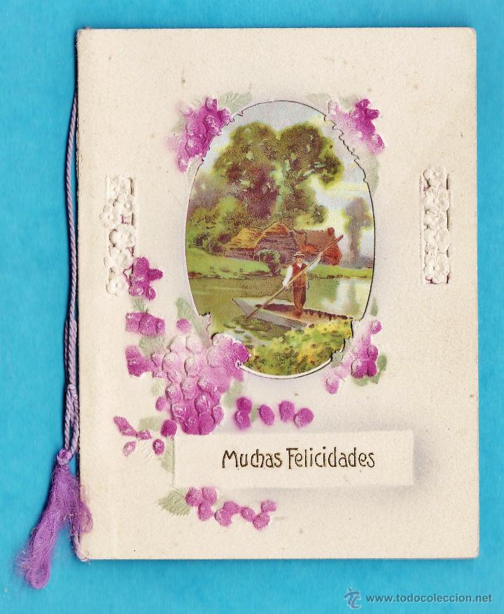 Postales: postal felicitacion -diptico con ventana troquelada -canal con barquero -sin + datos-escrita en 1928