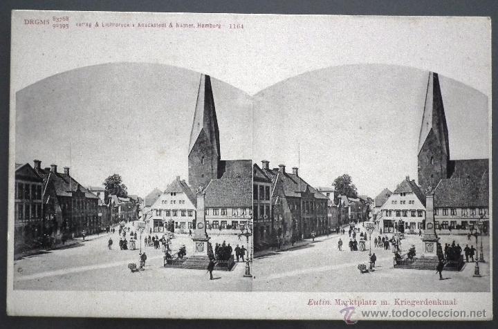 Postales: ANTIGUA POSTAL ESTEREOSC&Oacute;PICA DE ALEMANIA - EUTIN MARKTPLATZ M. KRIEGERDENKMAL. VERLAG & LICHTDRUCK