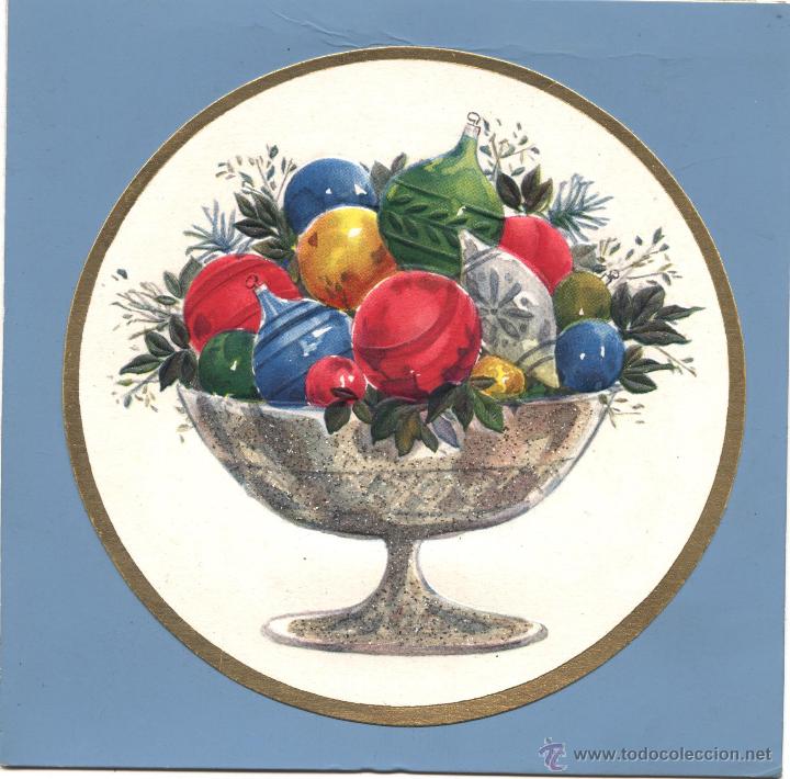 Postcards: Postal en color azul Frutero con bolas de Navidad pintadas a mano y frutero en purpurina