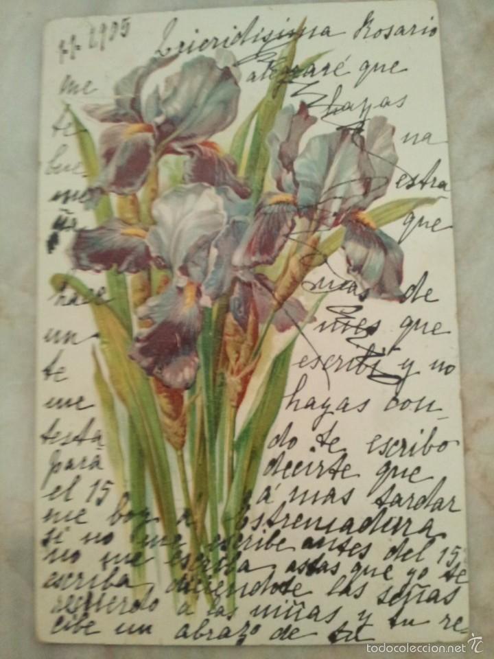 Postales: Postal con dibujo floral, escrita por delante y por detr&aacute;s 9 x 14,1 cm