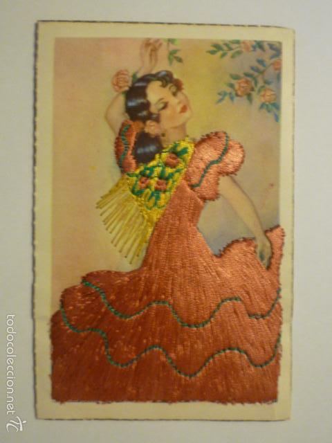 POSTAL BORDADA TRAJE TIPICO ANDALUCIA.