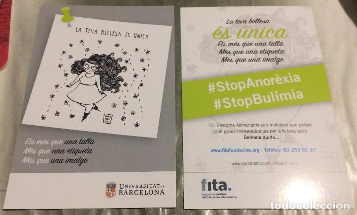 Postales: Postal de la Universitat de Barcelona contra la anorexia. Impresa por ambas caras. En catal&aacute;n. Nueva