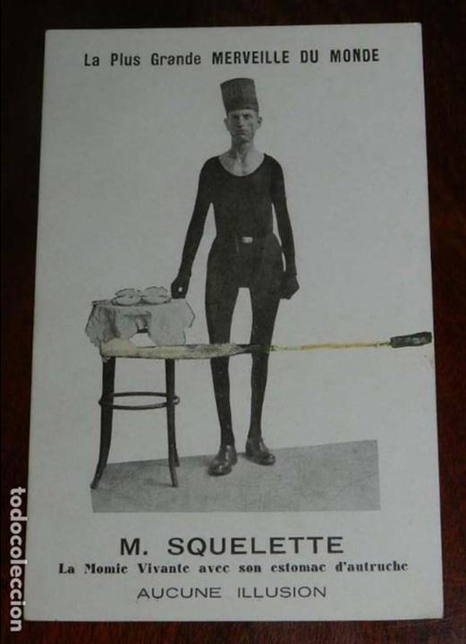 Cartoline: POSTAL DE CIRCO, MAGIA, ESPECTACULOS, LA PLUS GRANDE MAERVEILLE DU MONDE, M. SQUELETTE, LA MOMIE VIV